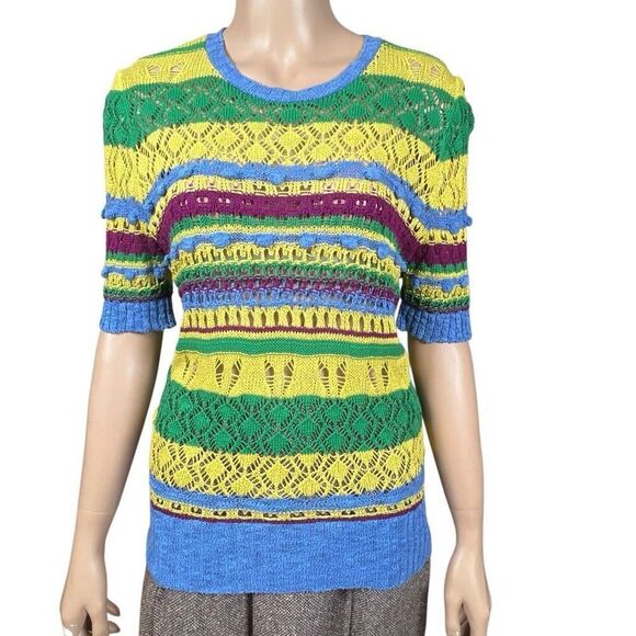 Zara Knit Multicolor Open Weave Short Sleeve Sweater Top Size M (351) - Picture 1 of 12